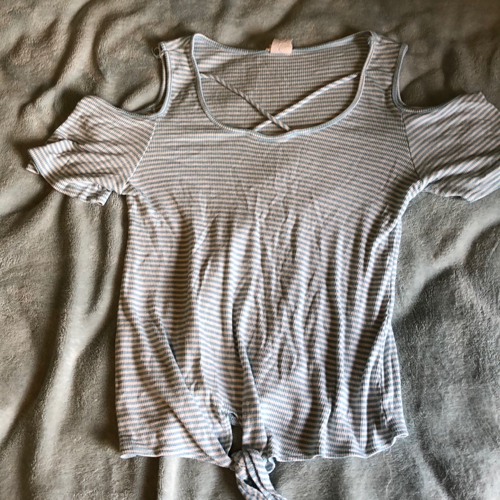 Striped off the shoulder tie front shirt
